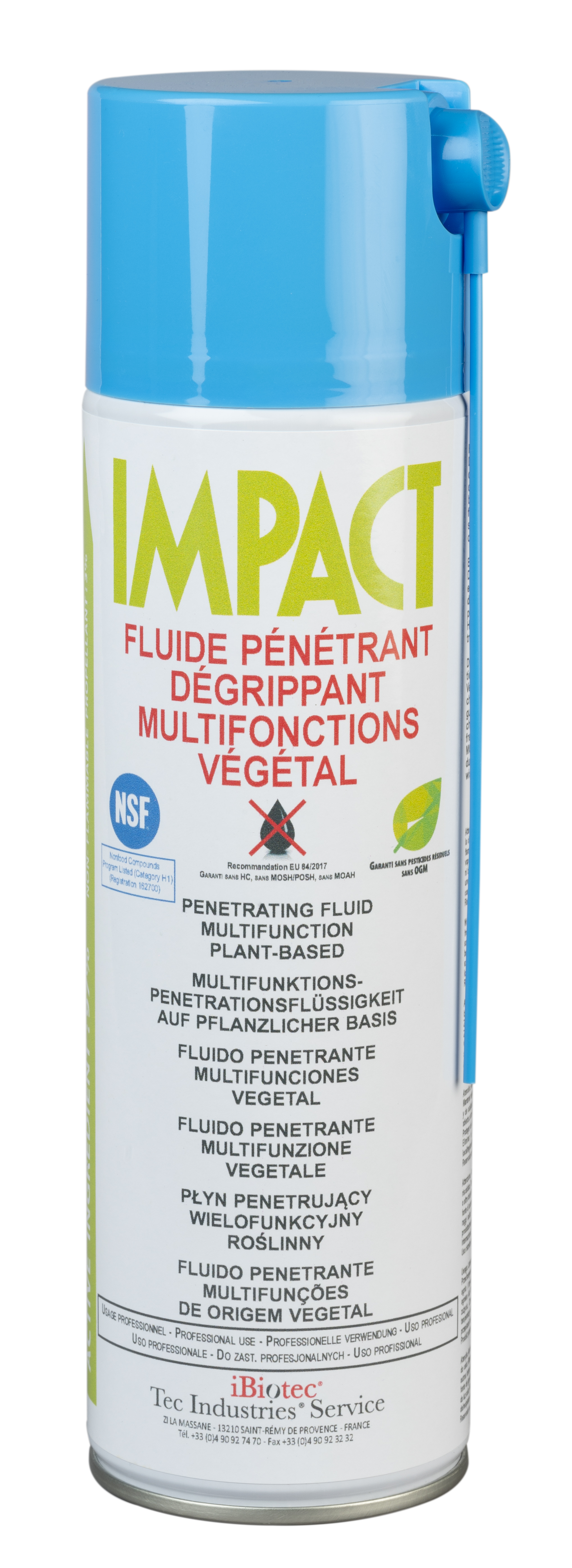 Dégrippant végétal multifonctions, NSF H1, garanti sans HC, MOSH/POSH, MOAH, garanti sans pesticides résiduels, sans OGM. Équipements amovibles DETECT BLUE repérables, détectables. Gaz propulseur ininflammable d'origine naturelle 3%, produit actif 97%. Maintenance industrielle MRO et COM en agro-alimentaire. MOSH POSH MOAH